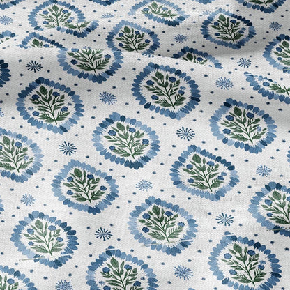 100% LINEN Fabric Block print Floral - modern vintage botanical flower upholstery home textile artisan green blue white 2762