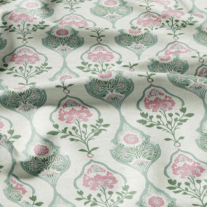 100% LINEN Fabric oriental print - preppy pink green floral block print - 2585 - upholstery home decor clothing sewing