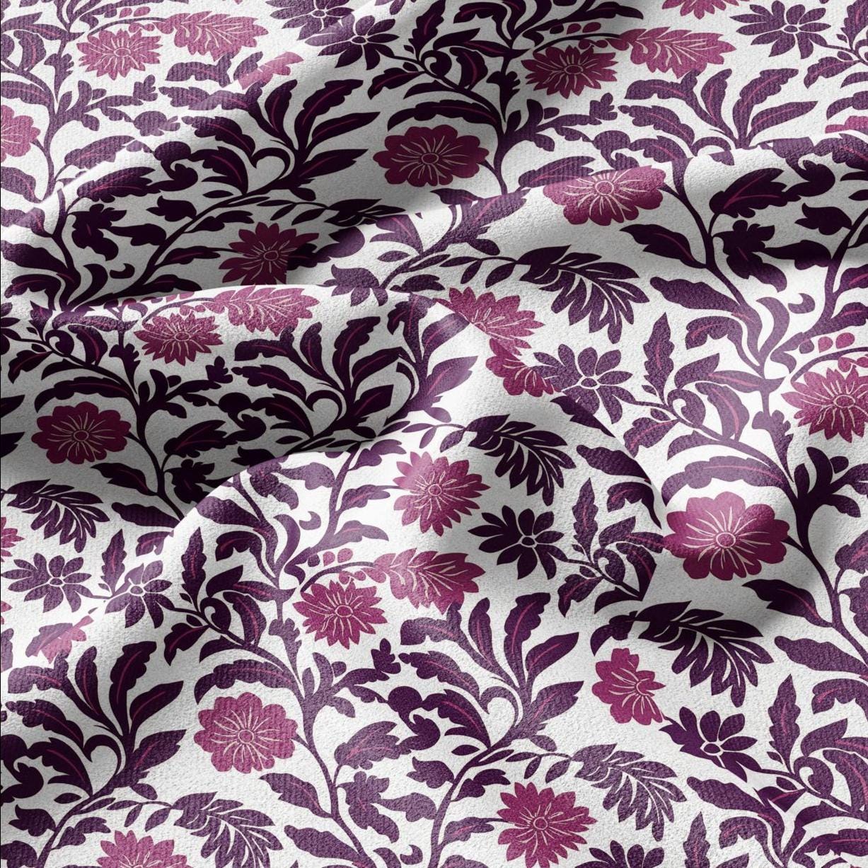 100% LINEN Fabric Purple floral block print on white - heavy linen fabric for upholstery home decor or medium for dress making 2372