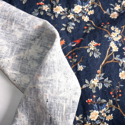 100% LINEN Fabric Toile de Jouy in navy blue, botanical flax fabric with indigo blue print, French linen floral Birds on the tree