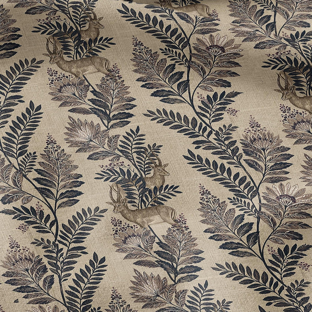 100% LINEN Fabric Woodland - Brown floral print with Antelope Eland Neutral Fabric by the Yard by LithuanianLinen 3787