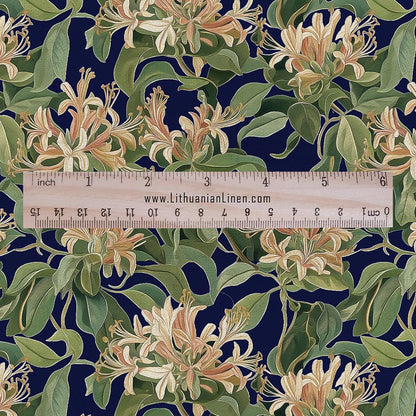 100% LINEN Honeysuckle print - Blue greenery blossom - floral fabric for dress making or home decor 2974