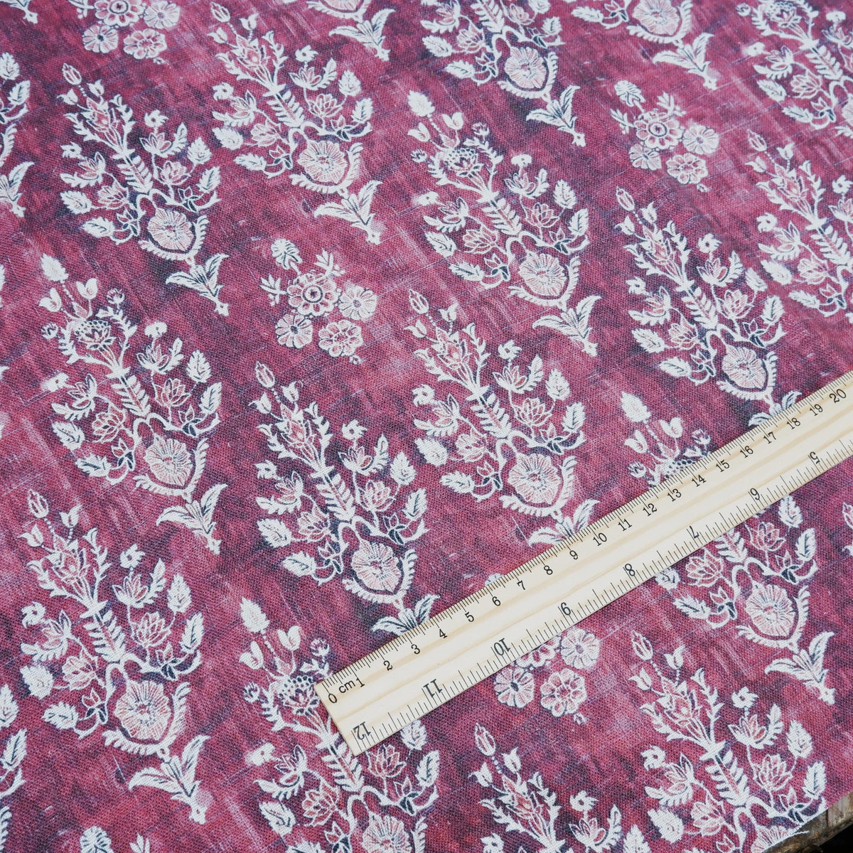 100% LINEN Fabric block print indian red  3662 -  oatmeal linen fabric with green floral print decor