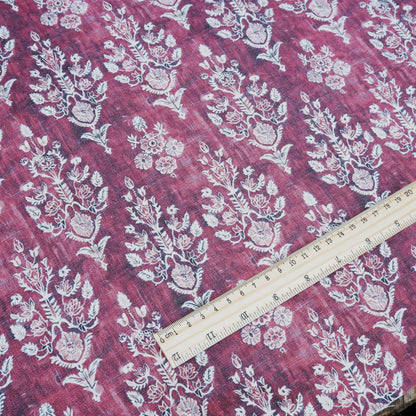 100% LINEN Fabric block print indian red  3662 -  oatmeal linen fabric with green floral print decor