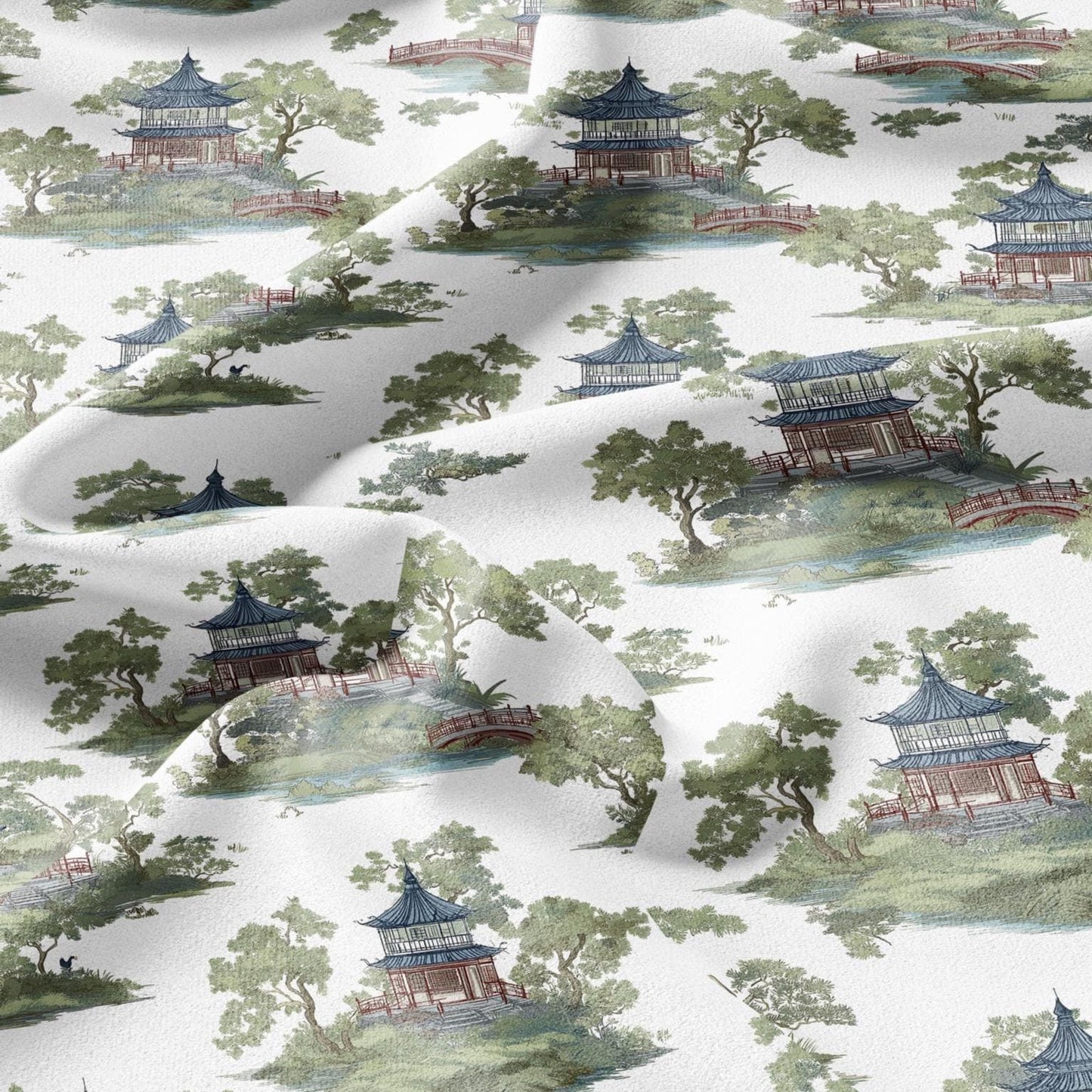 100% LINEN Fabric oriental print with pagoda - linen fabric with botanical print -  heavy linen fabric for upholstery home decor 2876