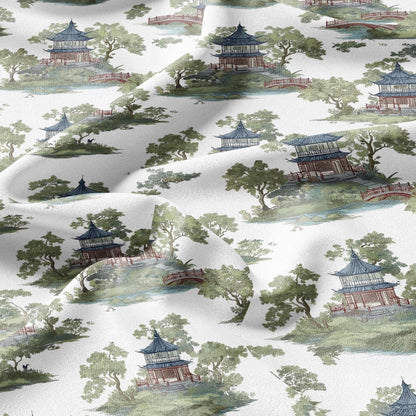 100% LINEN Fabric oriental print with pagoda - linen fabric with botanical print -  heavy linen fabric for upholstery home decor 2876