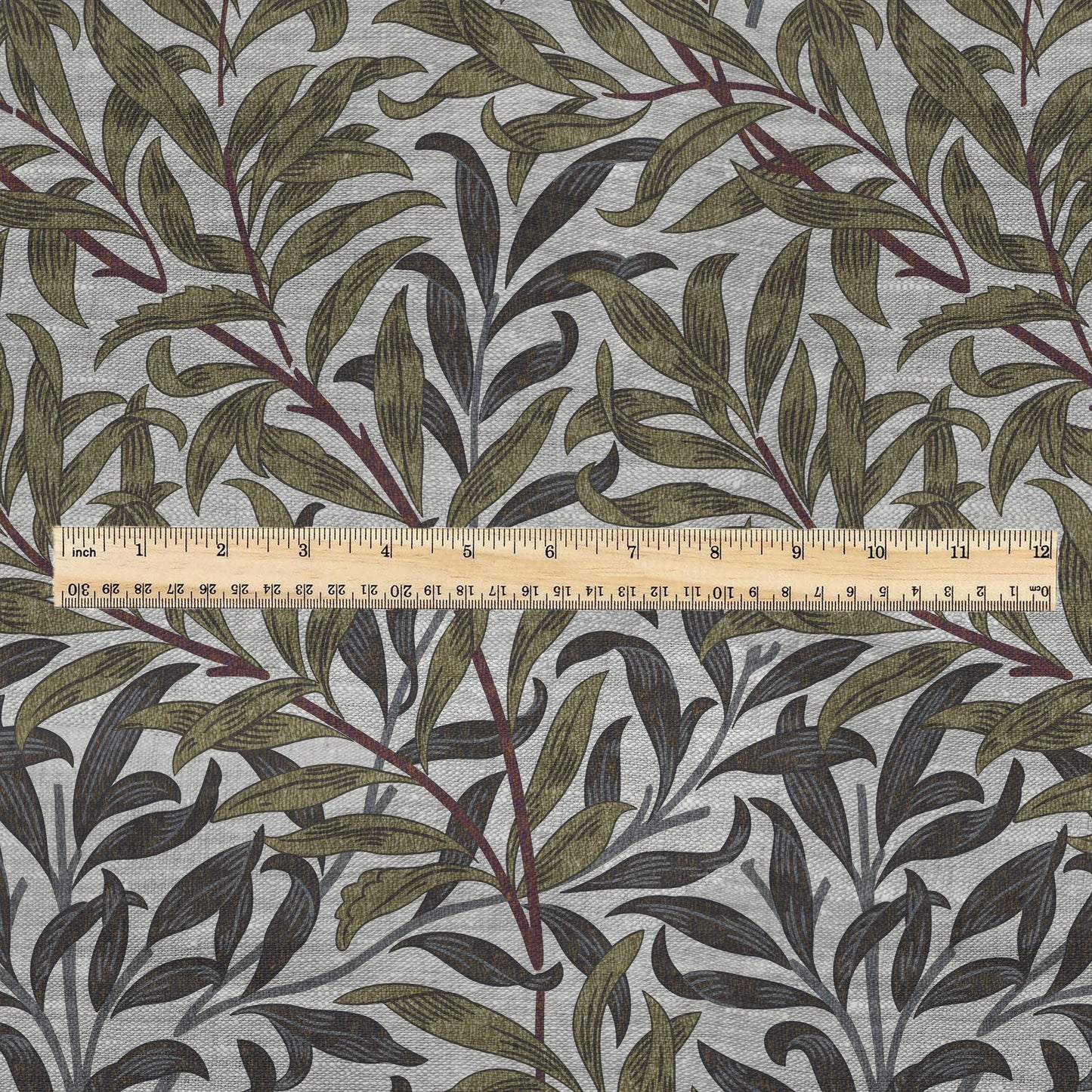 100% LINEN Fabric William Morris Bough Willow khaki gray - oatmeal linen fabric with botanical print - Victorian Art Craft Historical 3217