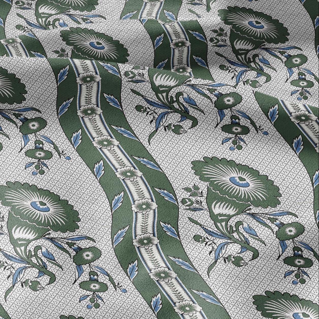 100% LINEN Fabric Vintage floral squilr stripe print - Modern botanical - Victorian Art Craft yellow green 3166