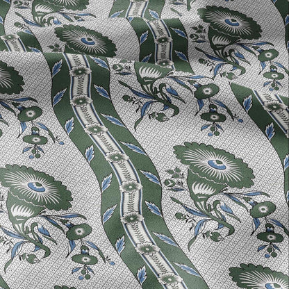 100% LINEN Fabric Vintage floral squilr stripe print - Modern botanical - Victorian Art Craft yellow green 3166