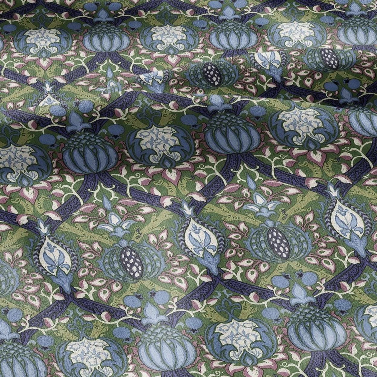 100% LINEN Fabric William Morris Granada print - British Victorian floral green blue 3207