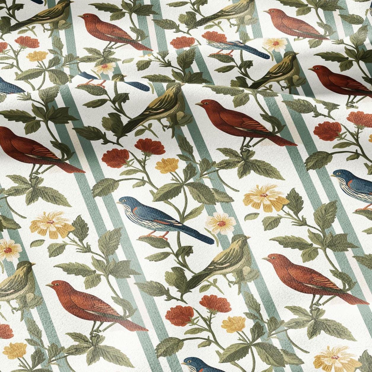100% LINEN Fabric Birds on fence print - botanical stripe upholstery home textile artisan fabrics red blue green white 2745