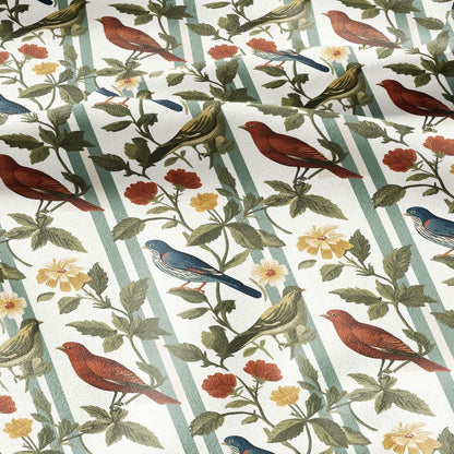 100% LINEN Fabric Birds on fence print - botanical stripe upholstery home textile artisan fabrics red blue green white 2745