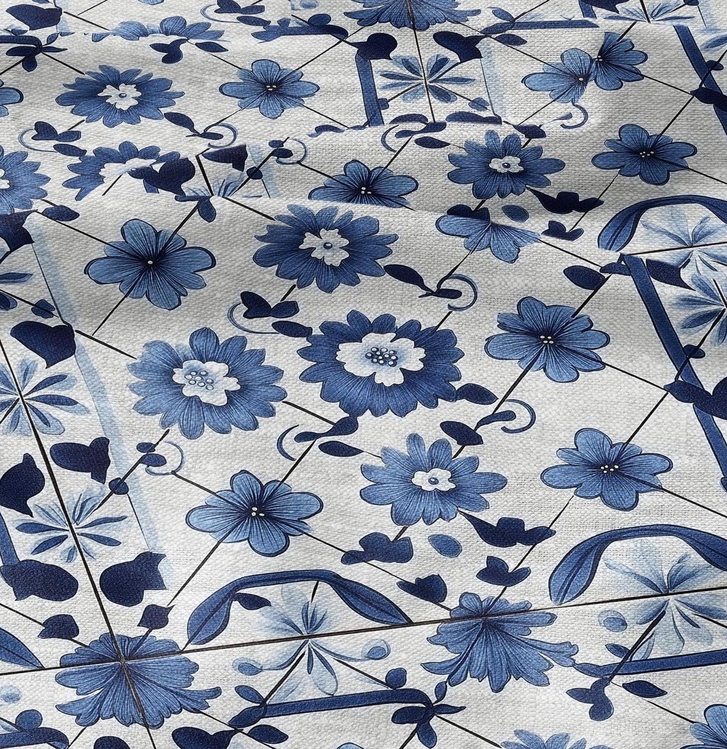 100% LINEN Fabric block print indigo blue white Portugal tile - mediterranean fabric floral print - linen fabric upholstery dress making
