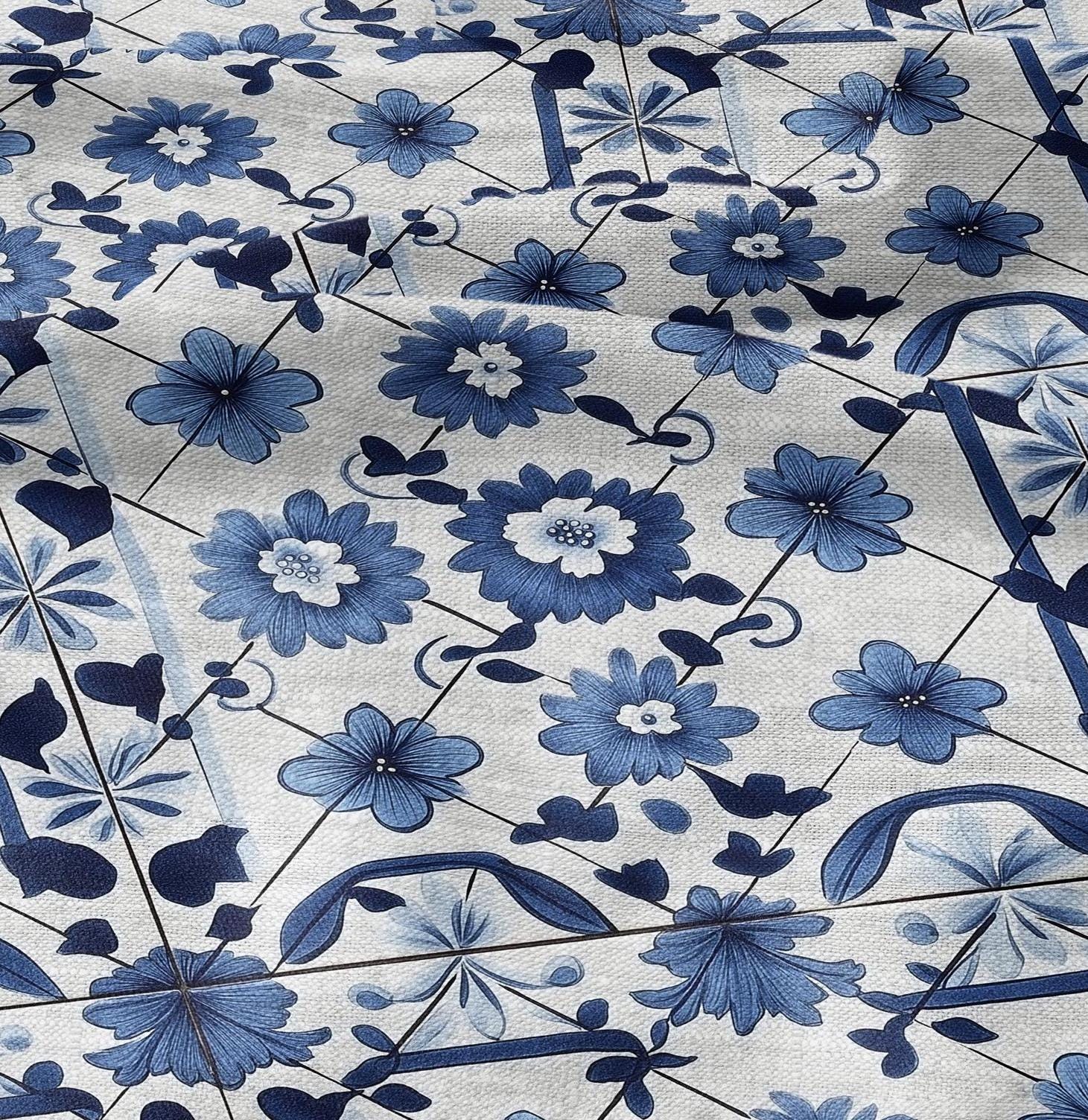 100% LINEN Fabric block print indigo blue white Portugal tile - mediterranean fabric floral print - linen fabric upholstery dress making