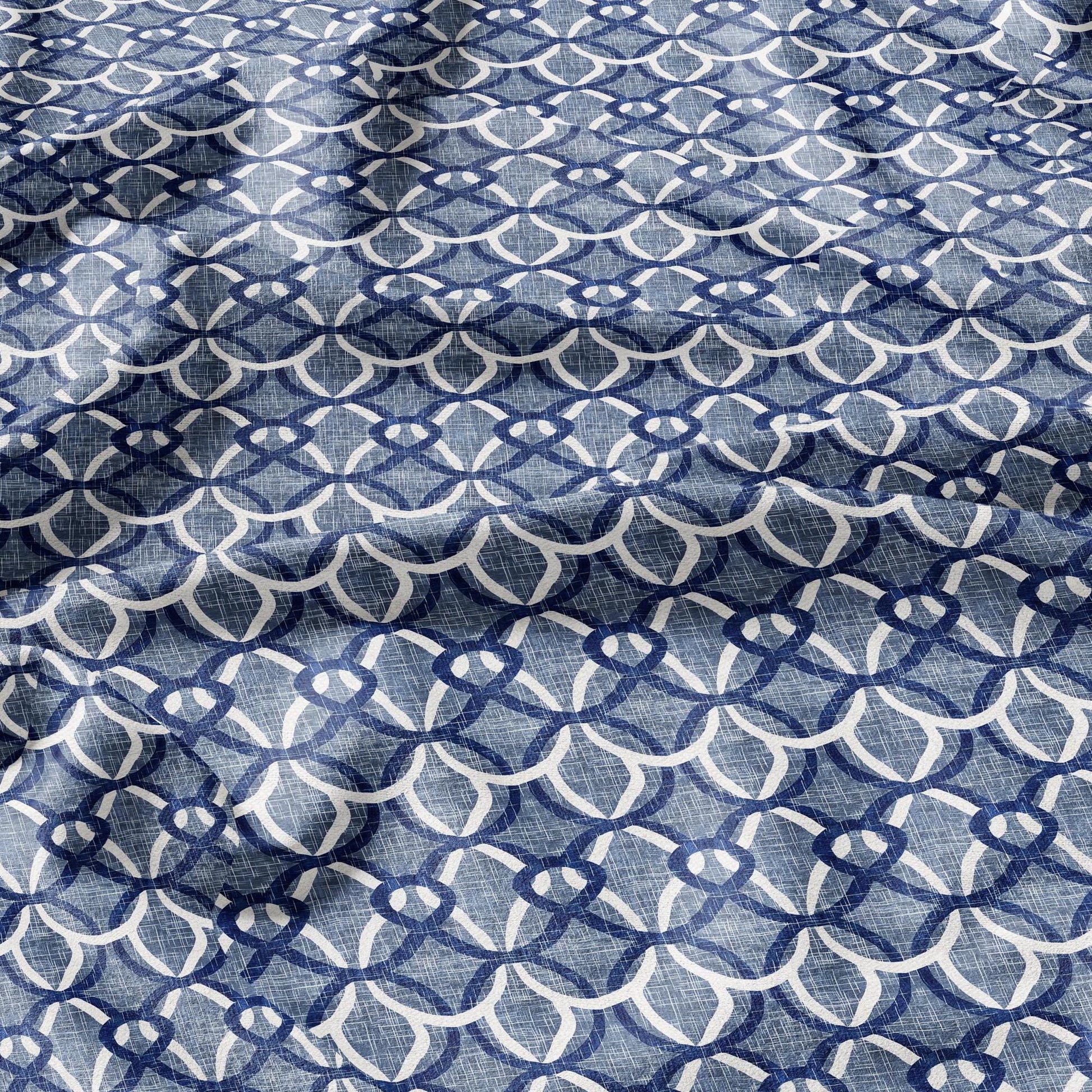 100% LINEN Fabric  Abstract indigo blue Ropes - Oriental blue print on linen fabric for upholstery curtains dress making Knot