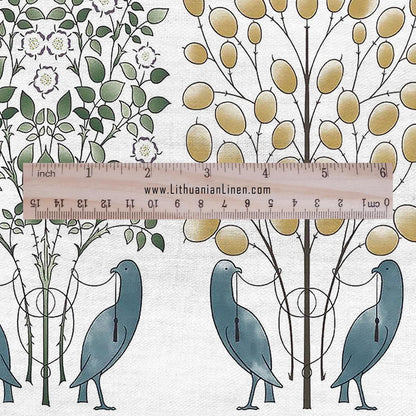 100% linen fabric CFA. Voysey The love birds print - Victorian Art crafts tree blossom - Historical pattern upholstery dress making 2993