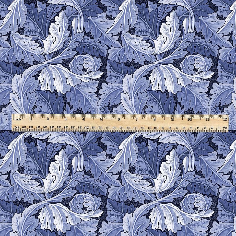 William Morris Acanthus blue print on 100% LINEN - Victorian Art crafts linen Fabric - botanical Historical upholstery home textile 3635