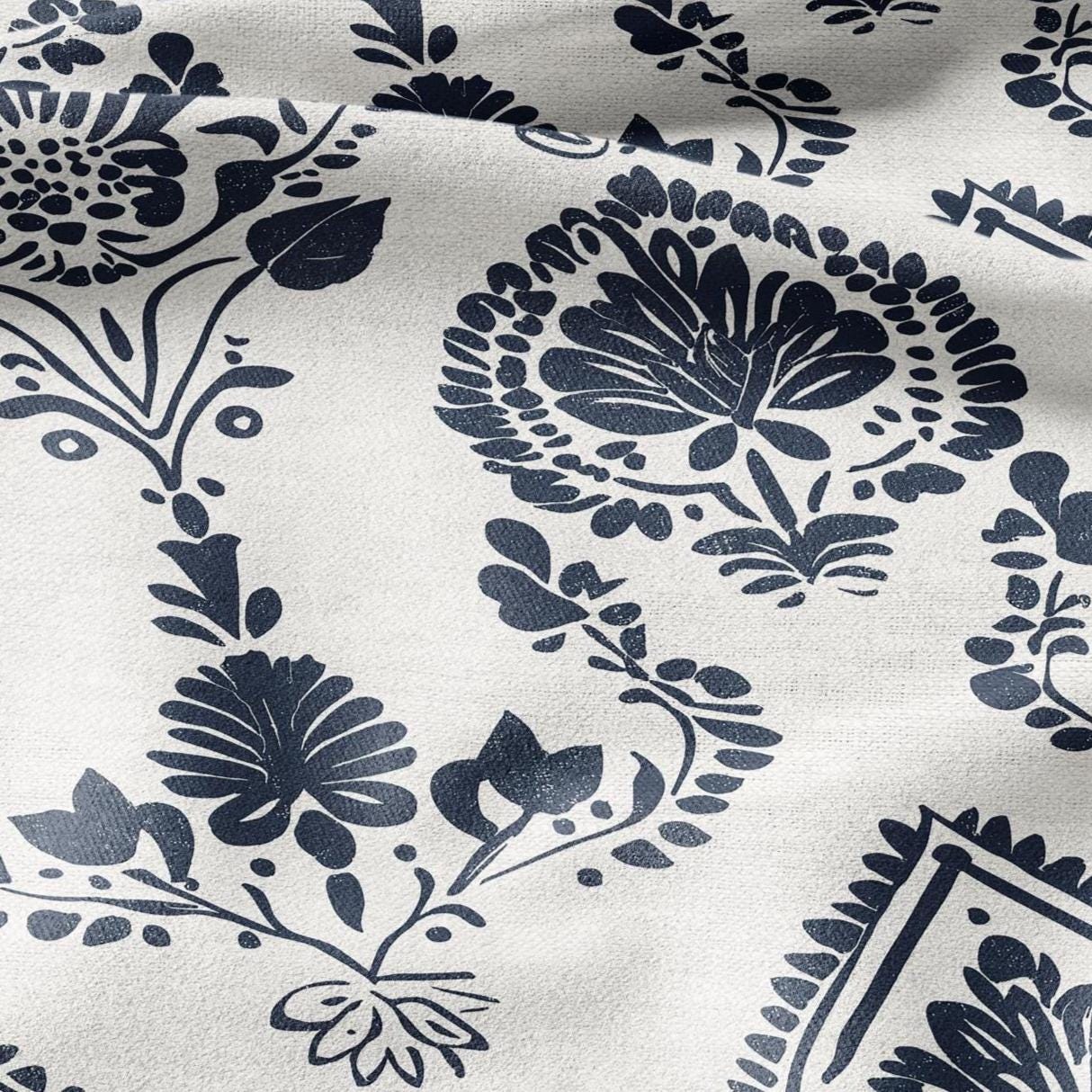 100% LINEN Fabric block print indigo blue on white -linen fabric with blue floral print heavy linen fabric for upholstery home decor 2423