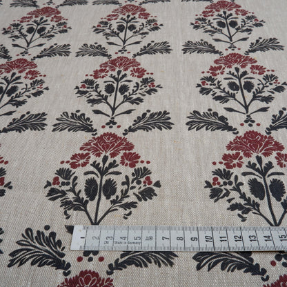 100% LINEN Fabric block print black red on grey | oatmeal linen fabric with floral print | linen fabric for upholstery home decor botanical