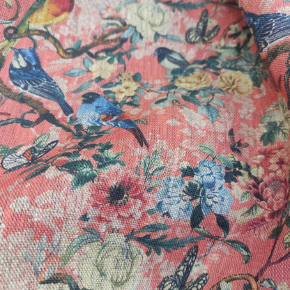 100% LINEN Fabric Toile de Jouy with flowers and birds, pink botanical print linen fabric for home decor upholstery