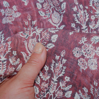100% LINEN Fabric block print indian red  3662 -  oatmeal linen fabric with green floral print decor