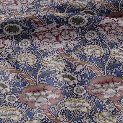 William Morris Wandle navy blue print on 100% LINEN - Victorian Art crafts linen Fabric - botanical Historical upholstery home textile