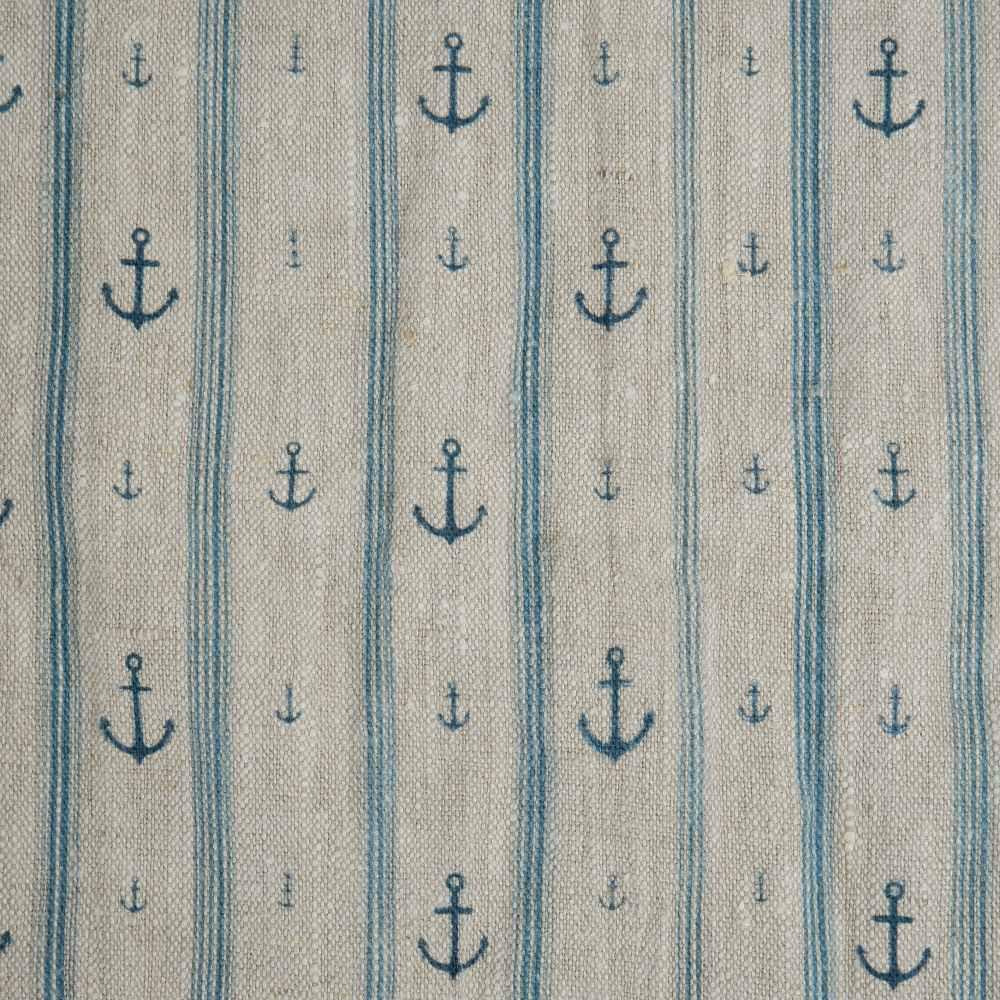 100% LINEN Fabric Anchor stripe print on oatmeal linen - Marine blue gray heavy for upholstery - medium weight linen dress making 2764