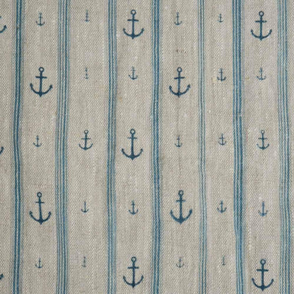 100% LINEN Fabric Anchor stripe print on oatmeal linen - Marine blue gray heavy for upholstery - medium weight linen dress making 2764