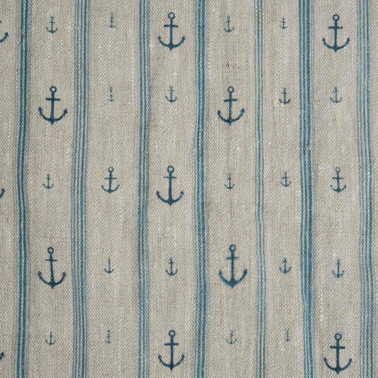 100% LINEN Fabric Anchor stripe print on oatmeal linen - Marine blue gray heavy for upholstery - medium weight linen dress making 2764