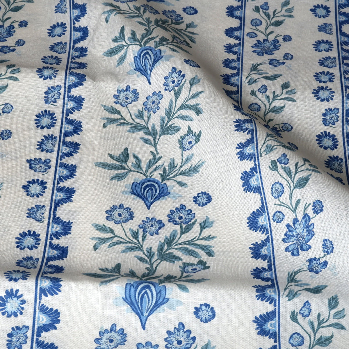 100% LINEN Fabric Floral stripe blue green white - french linen floral upholstery home textile Victorian fabrics 2153