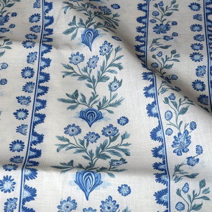 100% LINEN Fabric Floral stripe blue green white - french linen floral upholstery home textile Victorian fabrics 2153