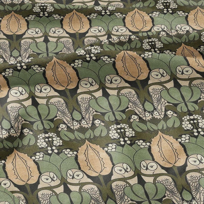 Owl Voysey green print on 100% LINEN - Victorian Art crafts linen Fabric - botanical Historical upholstery home textile