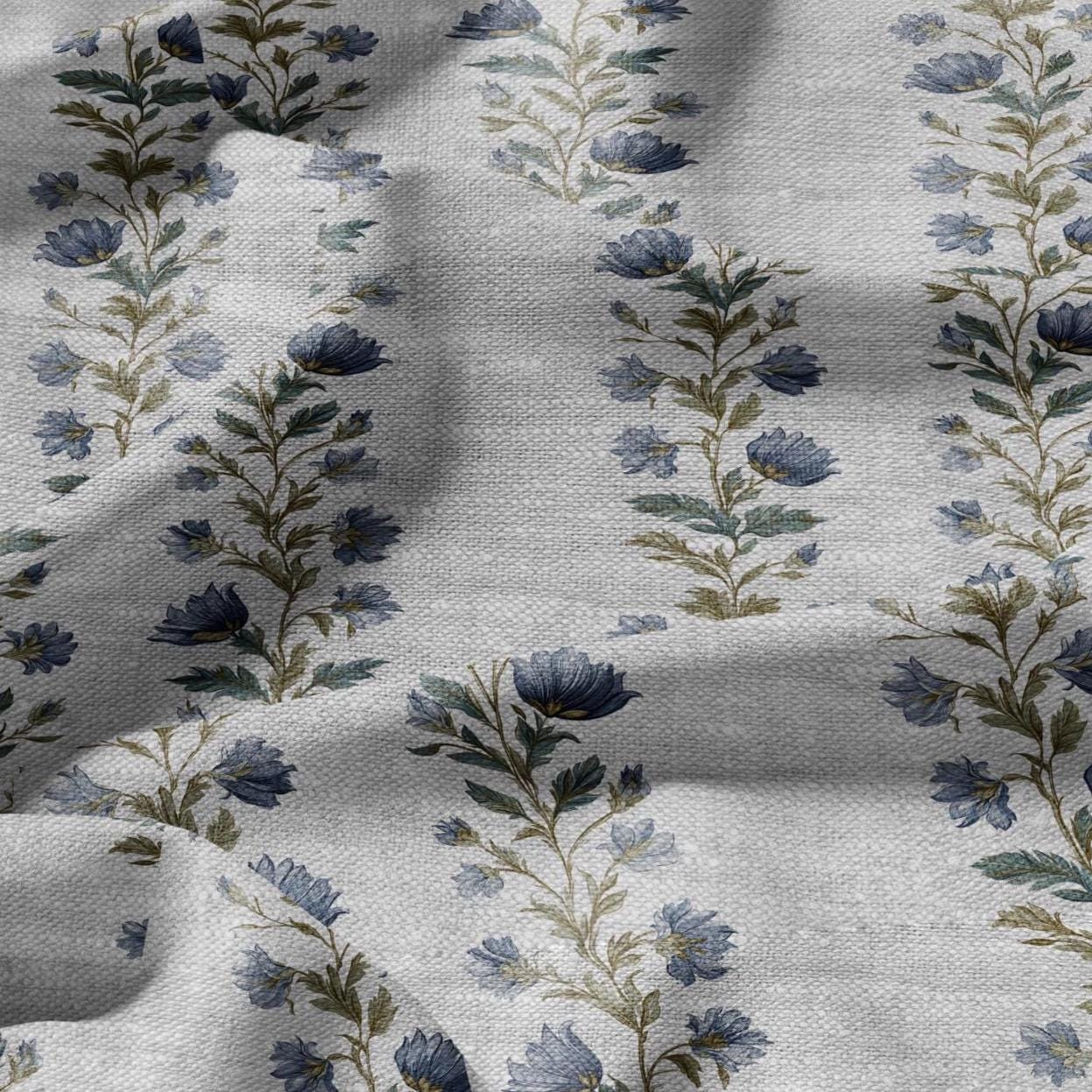 100% LINEN Fabric block print stripe floral blue green on grey - oatmeal linen fabric with botanical print for upholstery home decor 2915