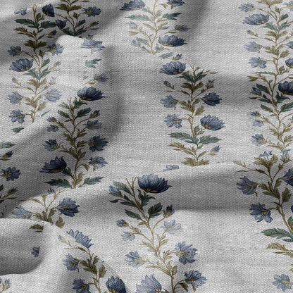 100% LINEN Fabric block print stripe floral blue green on grey - oatmeal linen fabric with botanical print for upholstery home decor 2915