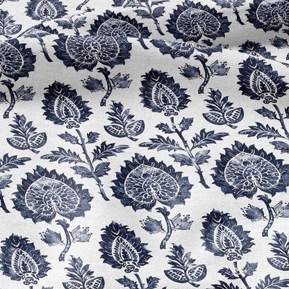 100% LINEN Fabric block print indigo blue on white - blue floral print heavy linen fabric for upholstery home decor 2009
