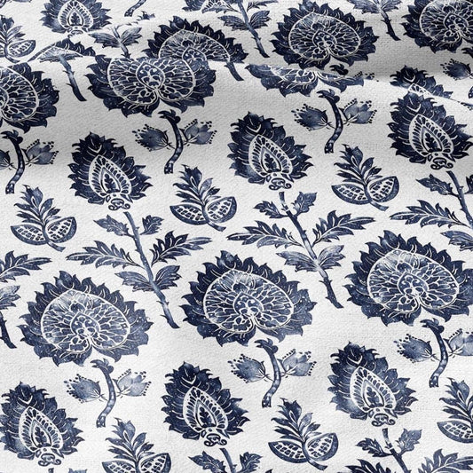 100% LINEN Fabric block print indigo blue on white - blue floral print heavy linen fabric for upholstery home decor 2009