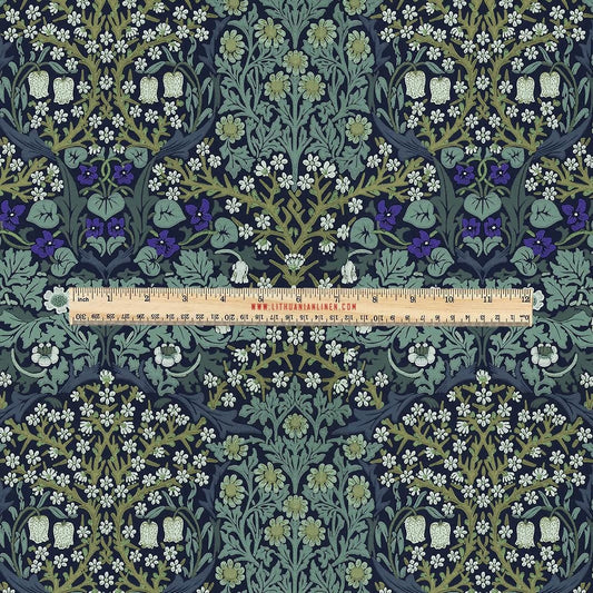 100% LINEN Fabric UPHOLSTERY 12oz - William Morris Blackthorn green blue print on linen - Modern vintage Victorian historical pattern 2107B
