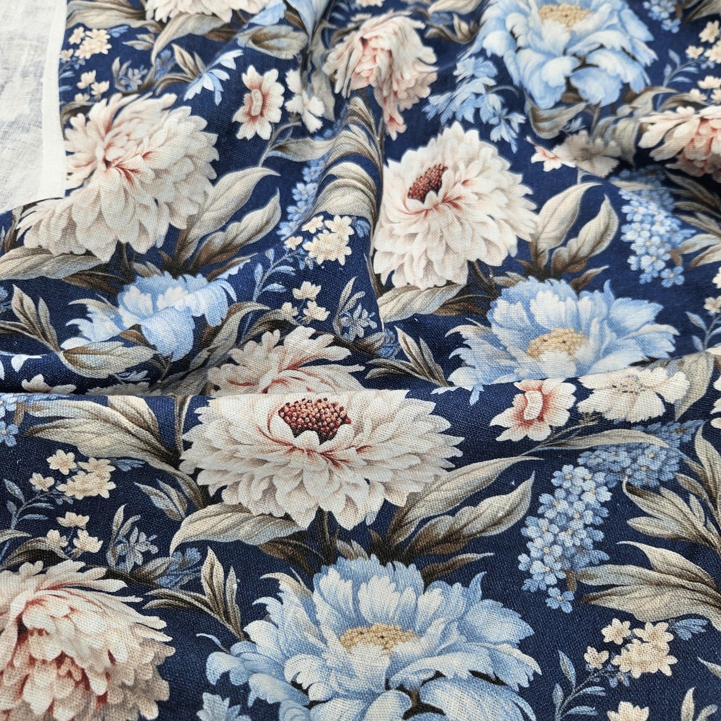 100% LINEN Fabric blue floral DAHLIAS, white blue botanical fabric with floral print, indian block print on linen linen 2578