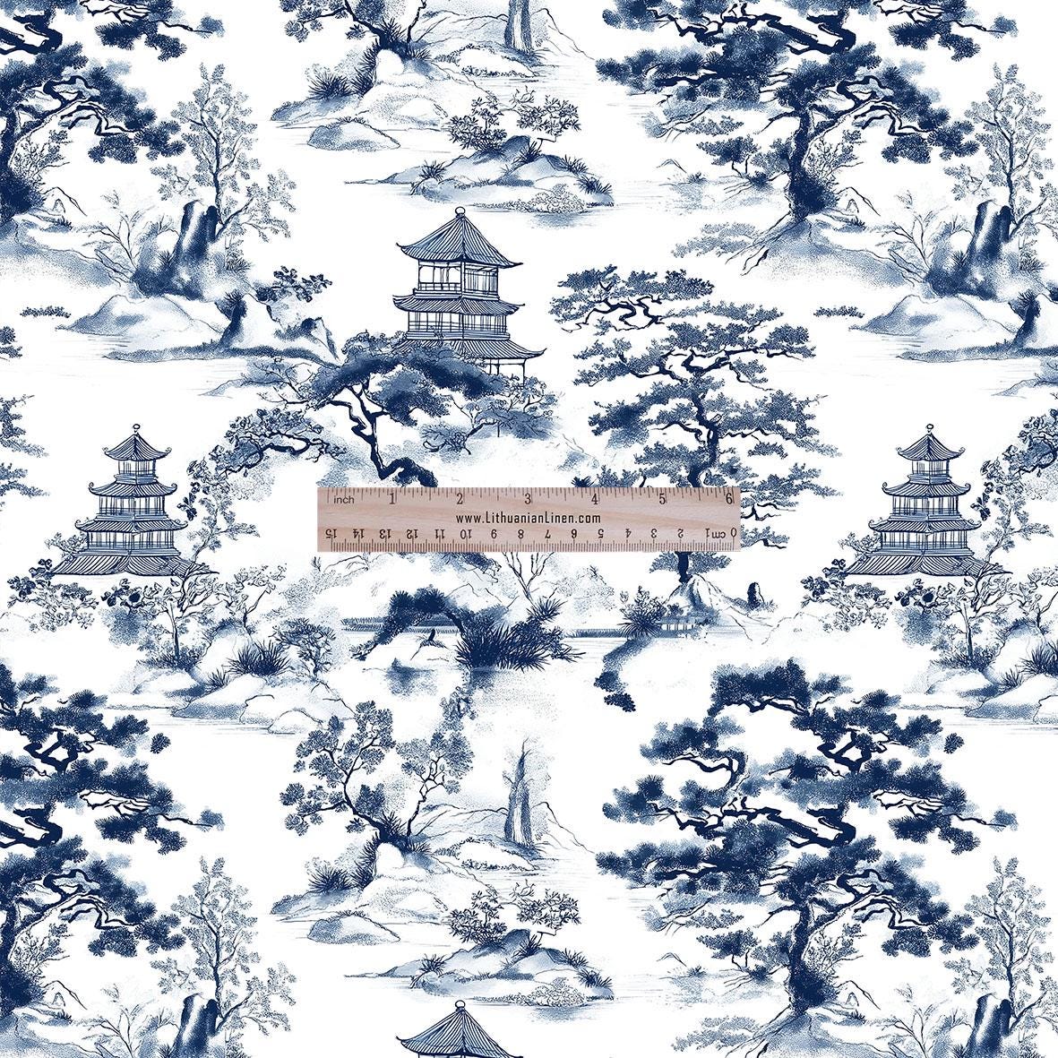 100% LINEN Fabric UPHOLSTERY 12oz - Kyoto Japanese landscape blue print - toile de jouy - pagoda scenery pine floral upholstery 2327