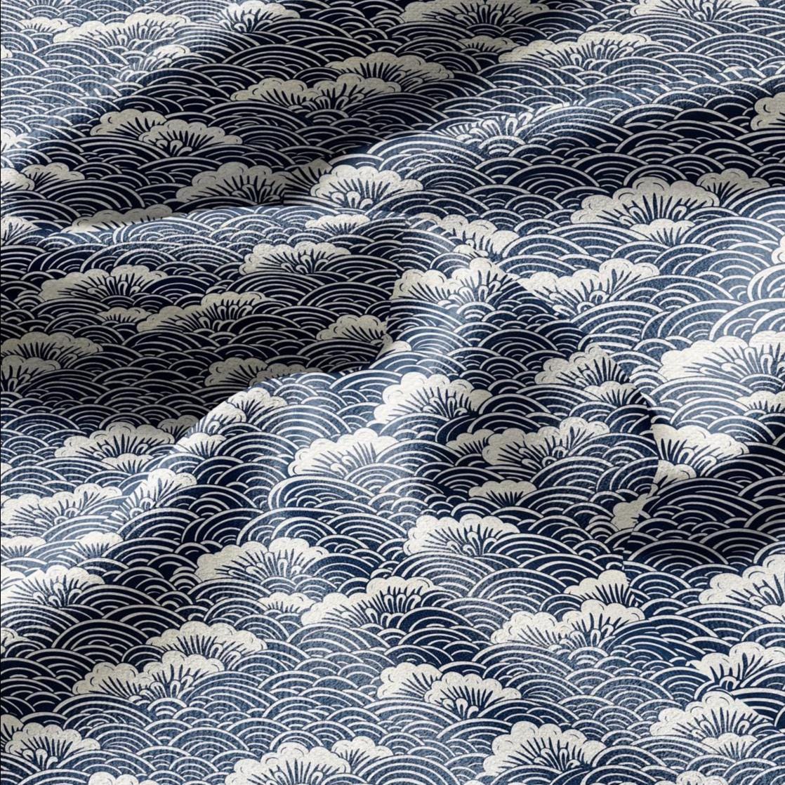 100% LINEN Fabric block print indigo on white - Japanese sea -  heavy linen fabric for upholstery home decor or medium for dress making 2150