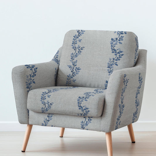 100% LINEN Fabric UPHOLSTERY 12oz - Waves leaves blue print on linen - Modern vintage Victorian coastal marine upholstery 2710