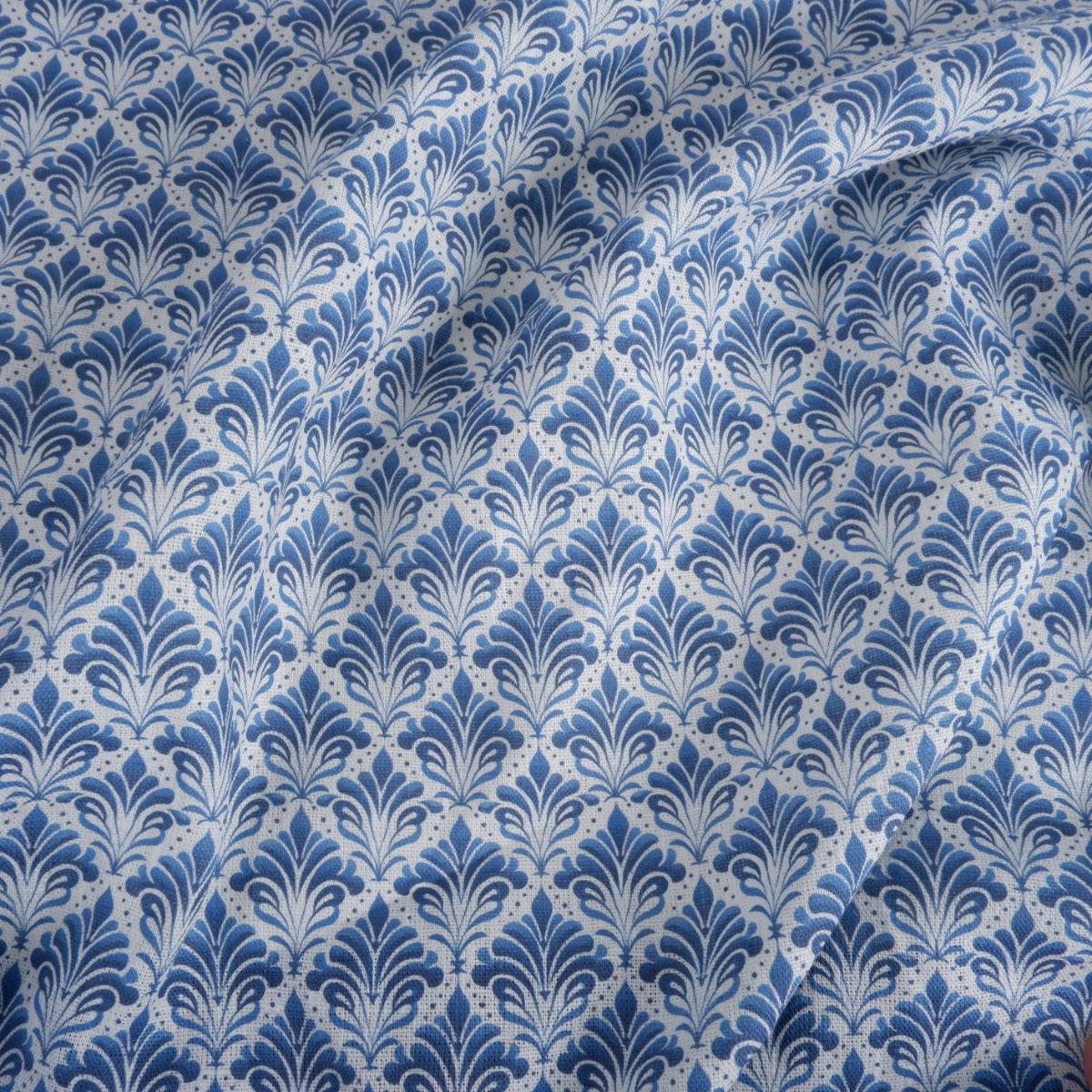 100% LINEN Fabric blue block print on white linen - fleur de lis floral fabric - French linen floral upholstery dressmaking 2053