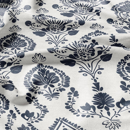 100% LINEN Fabric block print indigo blue on white -linen fabric with blue floral print heavy linen fabric for upholstery home decor 2423