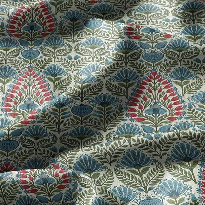 100% linen fabric Paisley floral print - Vintage pink red green botanical  - modern vintage  3400