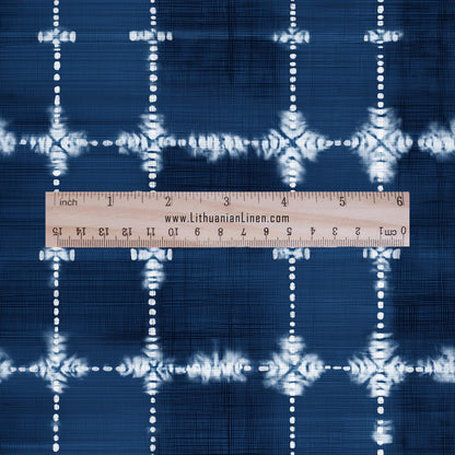 100% LINEN Fabric indigo blue print - Shibori abstract squares - upholstery curtains dress making 2982