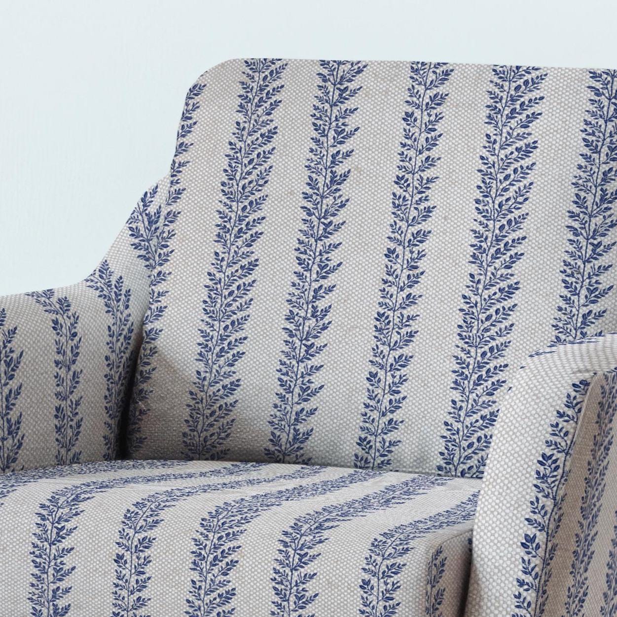 100% LINEN Fabric UPHOLSTERY 12oz - indigo blue block print on oatmeal linen - Modern vintage Victorian floral stripe upholstery 2580
