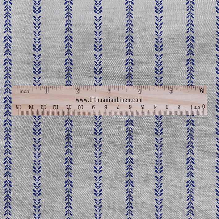 100% LINEN Fabric Blue stripe print - Floral RUE leaves on oatmeal linen - block print upholstery curtains dress making 3120