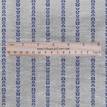 100% LINEN Fabric Blue stripe print - Floral RUE leaves on oatmeal linen - block print upholstery curtains dress making 3120