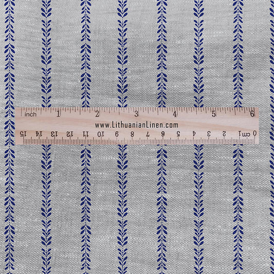 100% LINEN Fabric Blue stripe print - Floral RUE leaves on oatmeal linen - block print upholstery curtains dress making 3120