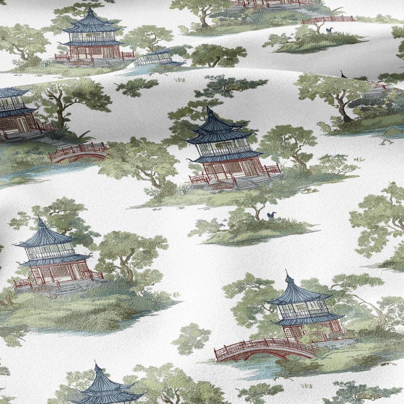 100% LINEN Fabric oriental print with pagoda - linen fabric with botanical print -  heavy linen fabric for upholstery home decor 2876